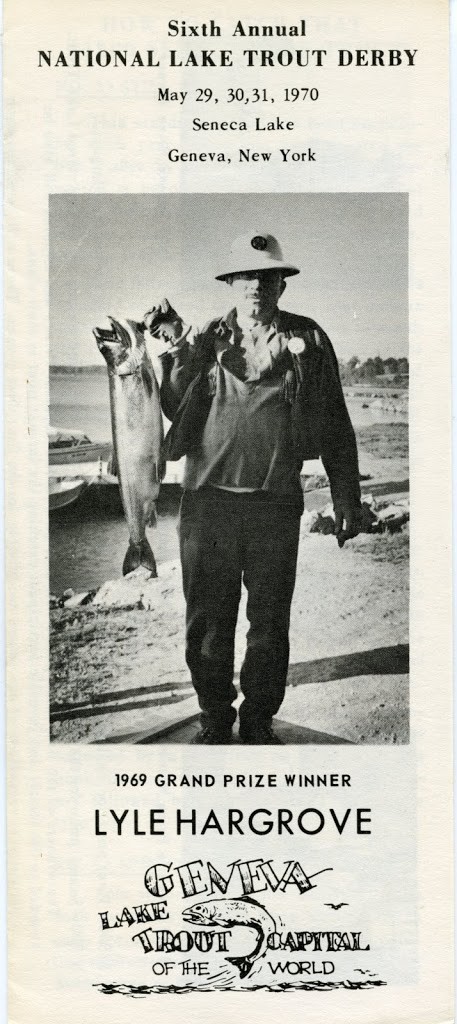 Picture of a man with a large fish on a brochure: Sixth Annual Lake Trout Derby, May 1970.