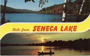 Postcard view of lake with the words Hello from Seneca Lake.