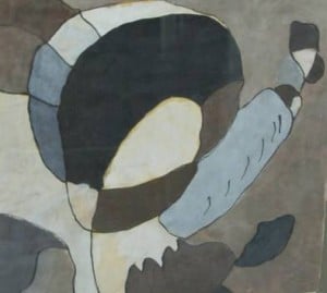 Abstract painting of gray, brown and blue rounded shapes.