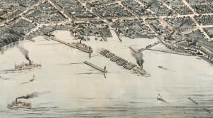 Colored engraving showing lakefront with sailboats and steamboats, one pulling barges, in the Geneva harbor. Also shows buildings along Exchange street, railroad tracks, and the canal.