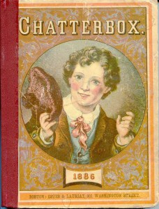 Cover of the 1886 Chatterbox book showing an illustration of a boy holding a knit hat in his hand.