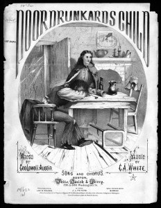 Music cover with an illustration of a raggedy drunken man sitting face down at a table while his wife lays her hands on him and looks heavenward.