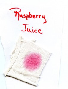 White cloth with a pink stain and the words "Raspberry Juice."