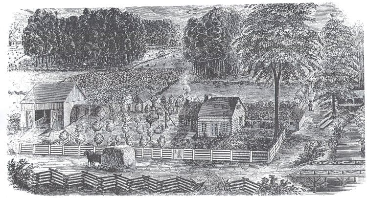 A drawing of a farm with a house and barn, neat fences, a tidy orchard and well-ordered landscape.