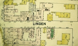Section of a map of Linden Street showing the buildings on it.