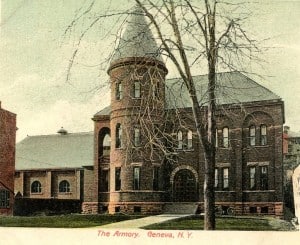 Large brick building with a turret.