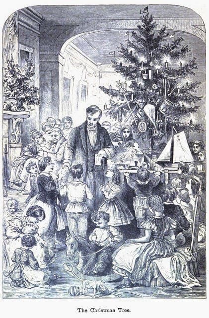 Illustration of a man giving a group of children presents, standing in front of a Christmas tree decorated with candles and toys.