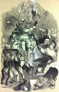 Illustration of a man being paraded on others' shoulders while people drink in the background. Three children carry an enormous punchbowl ahead of the procession.