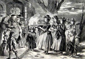 Lithograph of a group of women with a steaming bowl approaching a man and group at an entrance to a building.