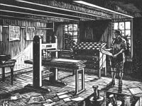 The inside of a print shop with a printing press, cabinet of type and a man examining a paper, newspapers on the floor and hanging on the wall.
