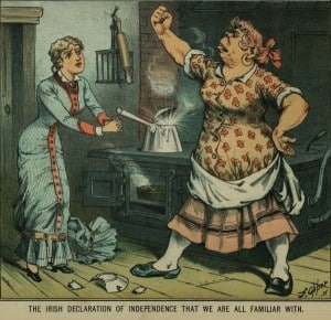 Drawing of a masculine looking woman shaking her fist at a delicate looking, well-dressed blond woman. They are standing in front of a cast iron stove with an over-boiling pot and burned pie in the over. A broken plate is on the floor.