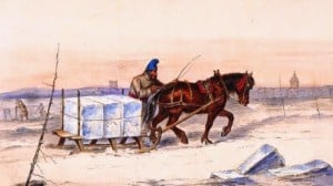Painting of a man guiding a horse pulling a sledge full of ice blocks on a lake.