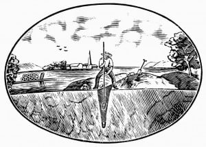 An engraving of the crosscut view of a man placing a round tile deep in a trench.