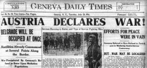 Newspaper front page with headline Austria Declares War! Belgrade will be occupied at once. Efforts for Peace were in Vain.