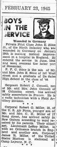 An example of the Boys in the Service column from the February 23, 1945 Geneva Daily Times newspaper.