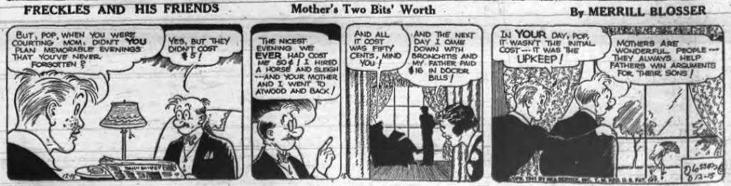 Image of the comic strip Freckles and Friends in which the son wants to take his girl on an expensive date.