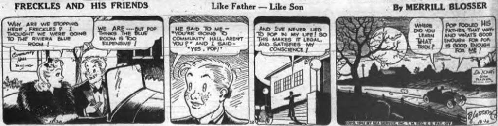 Image of the comic strip Freckles and Friends in which Freckles fools his father without lying to him.