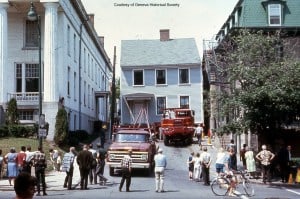 Colored photo of the Ludlow House being moved down William Street