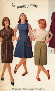 Image from a catalog of three young ladies. Two are wearing dress and one is wearing a skirt and blouse.