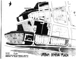 Black and white drawing of a plan for downtown stores 