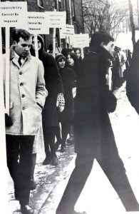 Black and white image of a Hobart and William Smith Colleges student protect from the 1966 yearbook
