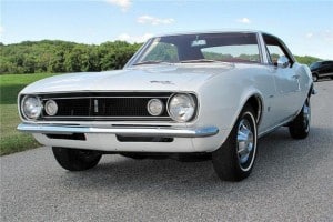 Colored image of a white 1967 Chevy Camaro