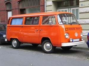 Colored image of an orange Volkswagen Transporter 