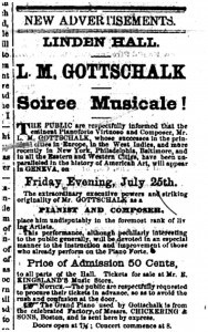 Ad from the Geneva Gazette (July 19 1862) about a performance by L.M. Gottschalk at Linden Hall.