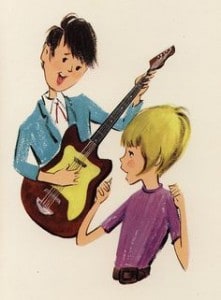 1960 greeting card cover with a young man playing the guitar and young lady dancing.