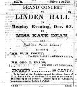 Ad from the Geneva Gazette (Dec. 1858) about a performance by Kate Dean at Linden Hall