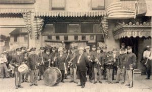 Sepia photograph of a brass band