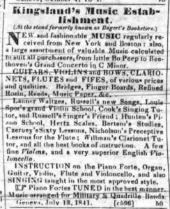 Newspaper ad for Kingsland's Music Establishment, July 13, 1841