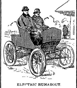 Pen and ink sketch of two men in an early automobile.