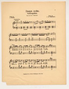 sheet music for the Yiddish song, “Damen Rechte (Suffregettes).” 