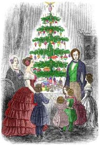 Colored engraving of a family in old-fashioned clothes standing around a decorated Christmas tree on a table.