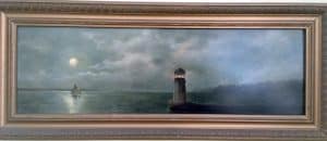 painting of a lighthouse with the moon off in the distance