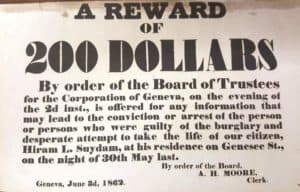 $200 reward notice for a burglary and attempted murder at a home on Genesee Street in 1862