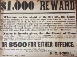 $1,000 reward notice for fires set at the Eagle Hotel and a building owned by T.W. Smith & Co. Dated May 1 1856