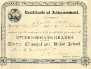 Cerfificate of Advancement qualifies Elizabeth Streeker for the intermediate grades of the Classical and Union School, 1885.