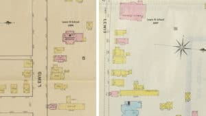 Maps showing outlines of Lewis Street School and nearby buildings in 1884 and 1897