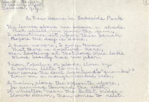 Handwritten version of Edwin Becker's poem Edwin’s poem "A Few Hours in Lake Side Park.:"