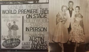 Image on the left is an ad for the premiere of "The Farmer Takes a Wife". Image on the right is a man standing between two women.