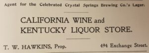 Ad for California Wine and Kentucky Liquor Store at 494 Exchange Street