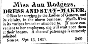 1830 newspaper ad for Miss Ann Rodgers, Dress and Staymaker