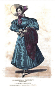 Illustration of a woman in a dress with a small waist, large sleeves and wide skirt and bonnet.