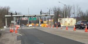 View of tollbooths on New York State Thruway.
