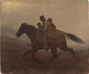 A black man, woman and child riding a horse in the dark.