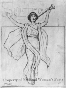 Sketch of a woman in flowing robes holding a trumpet aloft.