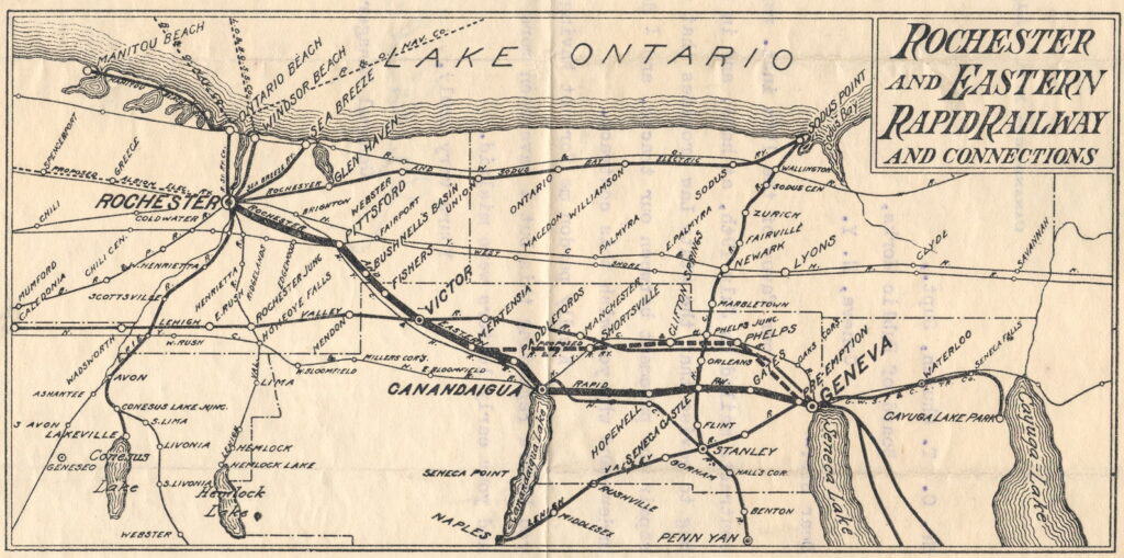 Map showing railway connections along the Rochester and Eastern route from Auburn to Mumford.