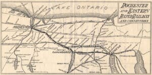 Map showing railway connections along the Rochester and Eastern route from Auburn to Mumford.